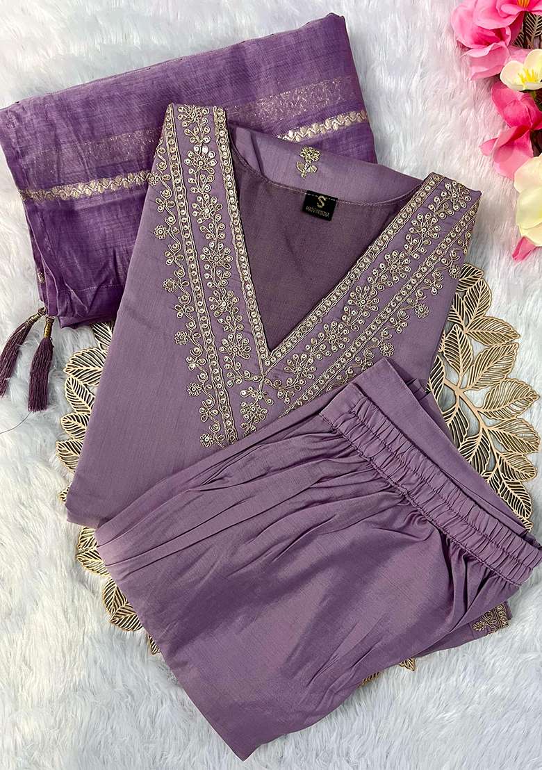 Lavender Zari Work Silk Blend Straight Kurta Set - Indya
