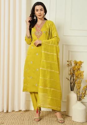 Lemon Embroidered Silk Blend Straight Kurta Set