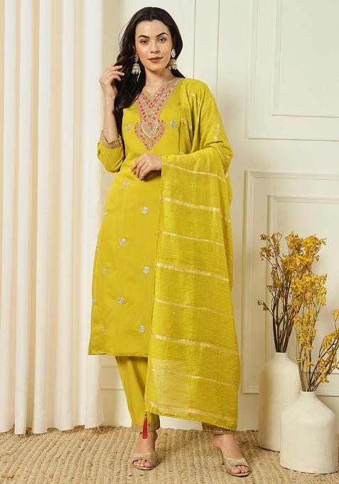 Lemon Embroidery Silk Kurta Set