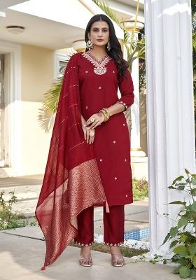 Maroon Embroidery Silk Kurta Set