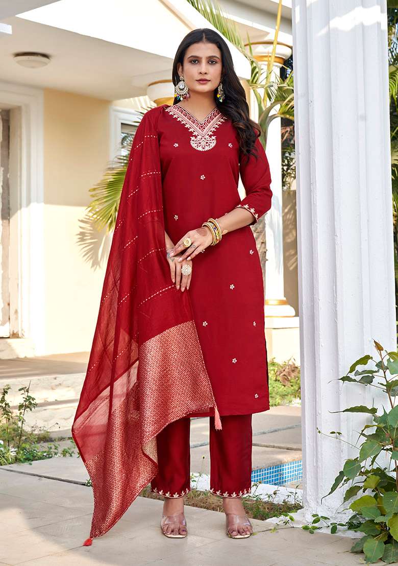 Maroon Embroidered Silk Blend Straight Kurta Set - Indya