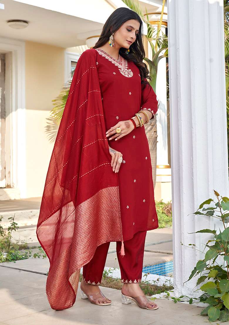 Maroon Embroidered Silk Blend Straight Kurta Set - Indya