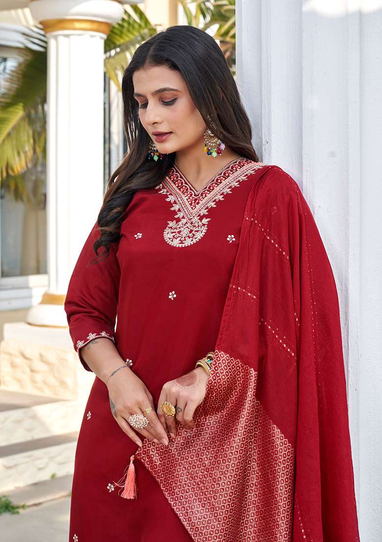 Maroon Embroidered Silk Blend Straight Kurta Set - Indya