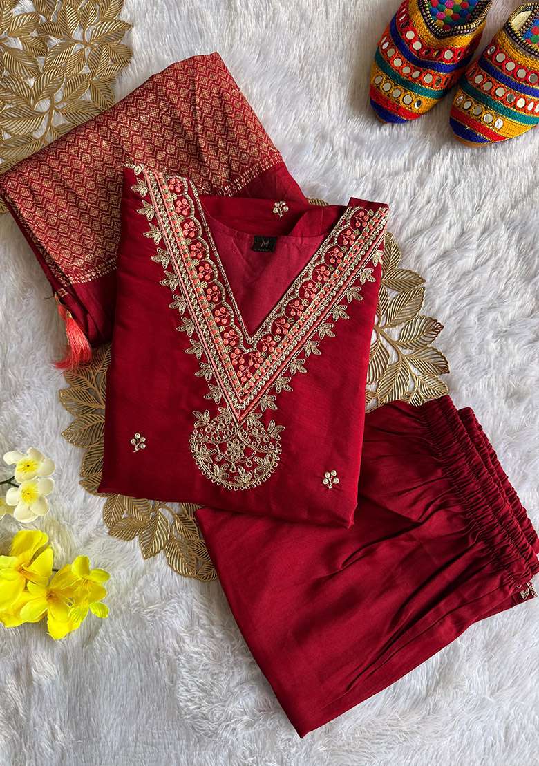 Maroon Embroidered Silk Blend Straight Kurta Set - Indya