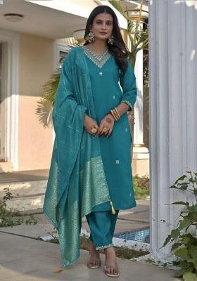 Rama Embroidery Silk Kurta Set