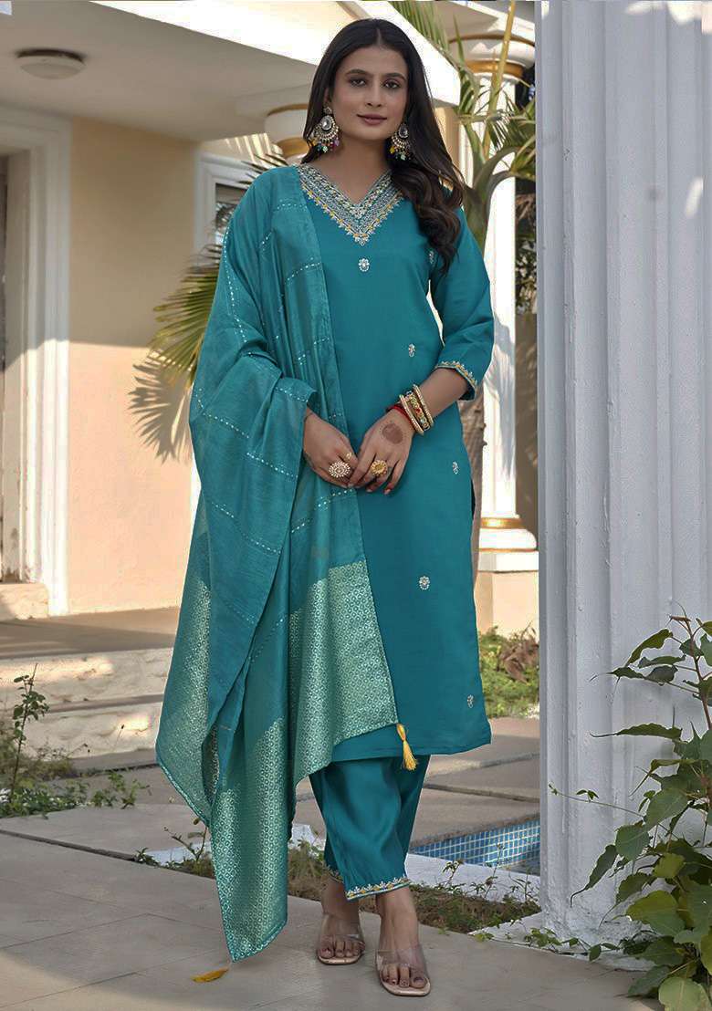 Rama Embroidered Silk Blend Straight Kurta Set - Indya