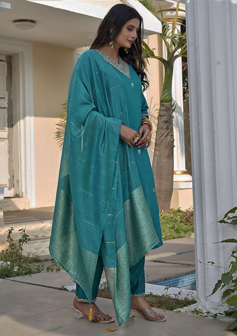 Rama Embroidered Silk Blend Straight Kurta Set - Indya
