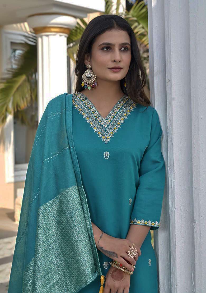 Rama Embroidered Silk Blend Straight Kurta Set - Indya