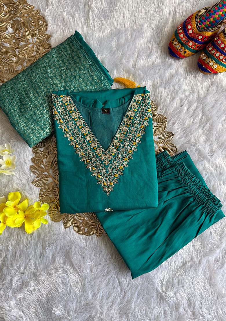 Rama Embroidered Silk Blend Straight Kurta Set - Indya