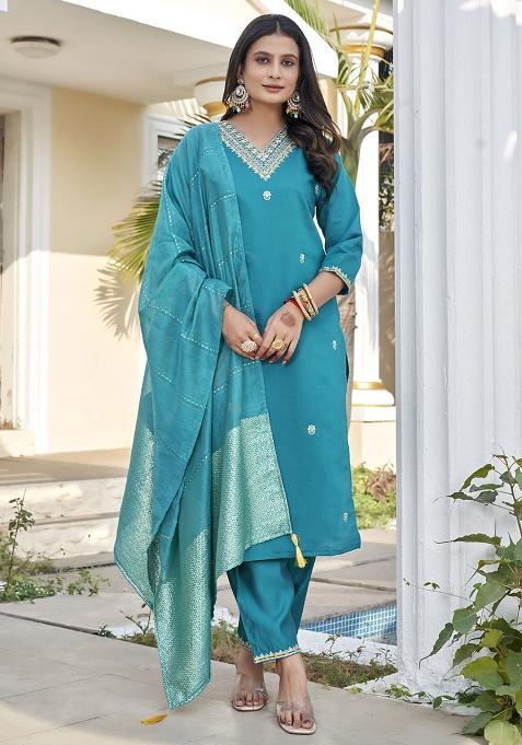 Rama Embroidery Silk Kurta Set