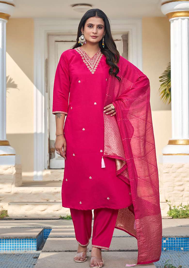 Rani Embroidered Silk Blend Straight Kurta Set - Indya