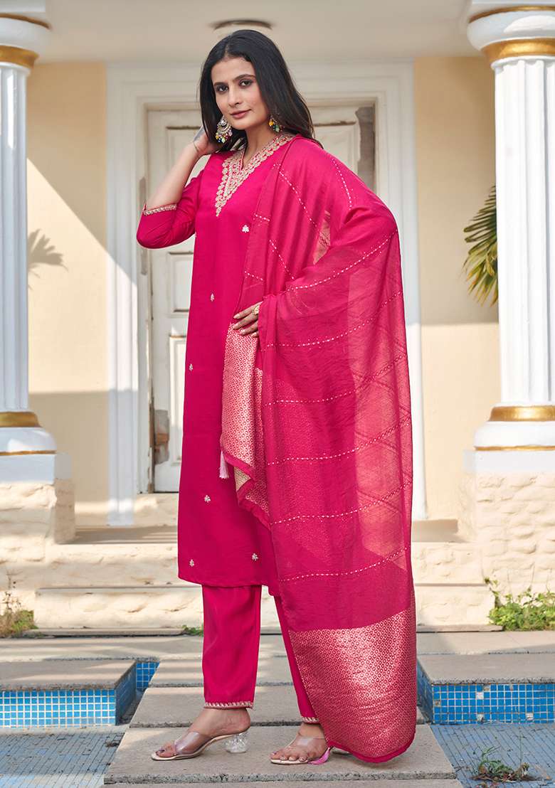 Rani Embroidered Silk Blend Straight Kurta Set - Indya