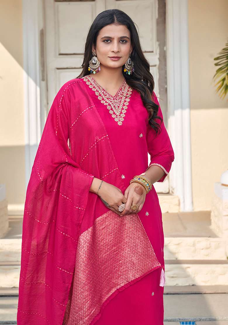 Rani Embroidered Silk Blend Straight Kurta Set - Indya