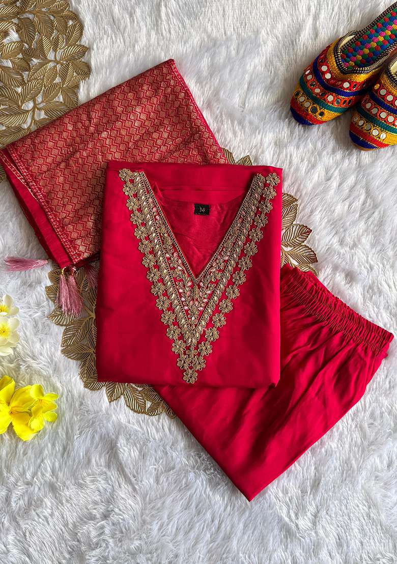 Rani Embroidered Silk Blend Straight Kurta Set - Indya