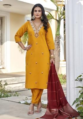 Yellow Embroidery Silk Kurta Set