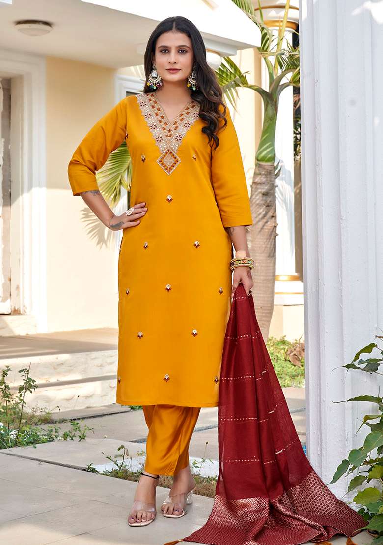Yellow Embroidered Silk Blend Straight Kurta Set - Indya