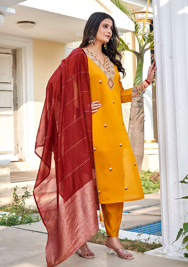 Yellow Embroidered Silk Blend Straight Kurta Set - Indya