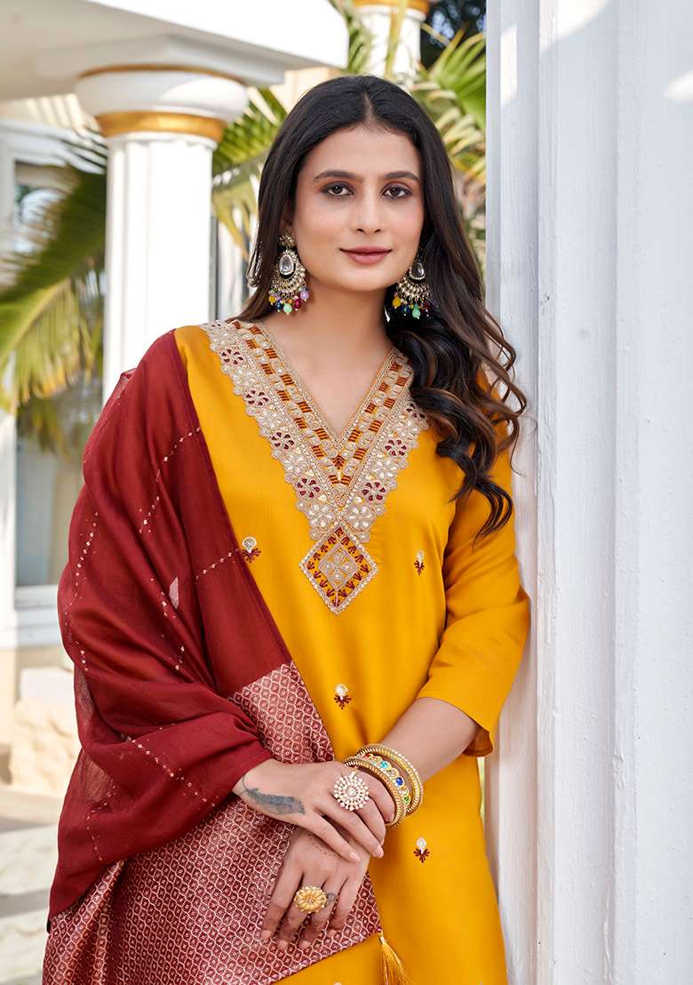 Yellow Embroidered Silk Blend Straight Kurta Set - Indya