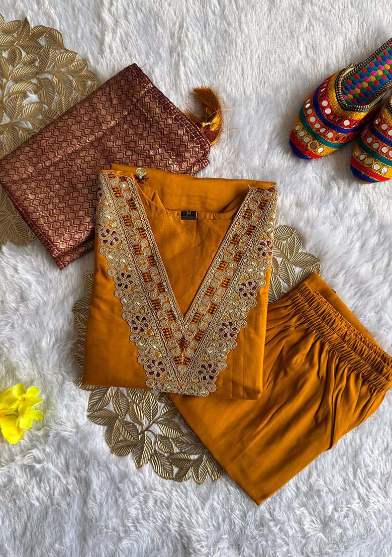 Yellow Embroidered Silk Blend Straight Kurta Set - Indya