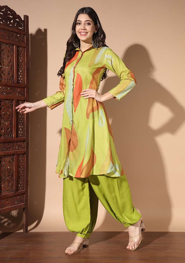 Green Printed Muslin Co Ord Set - Indya