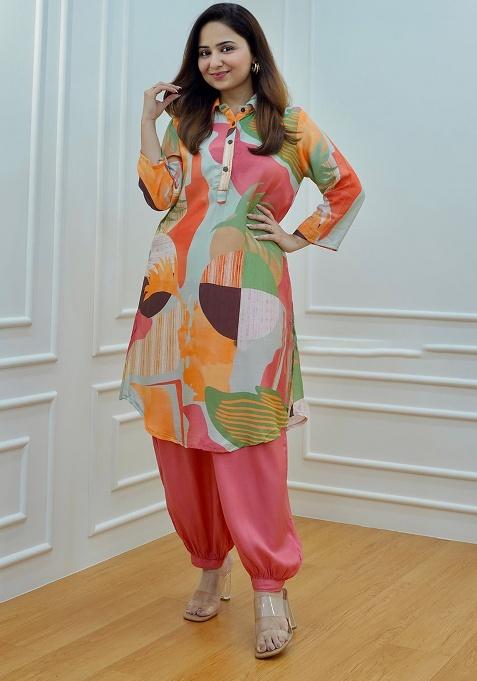 Pink Print Muslin Kurta Set