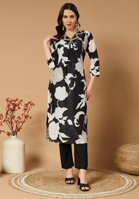 Black Floral Print Muslin Straight Kurta Set