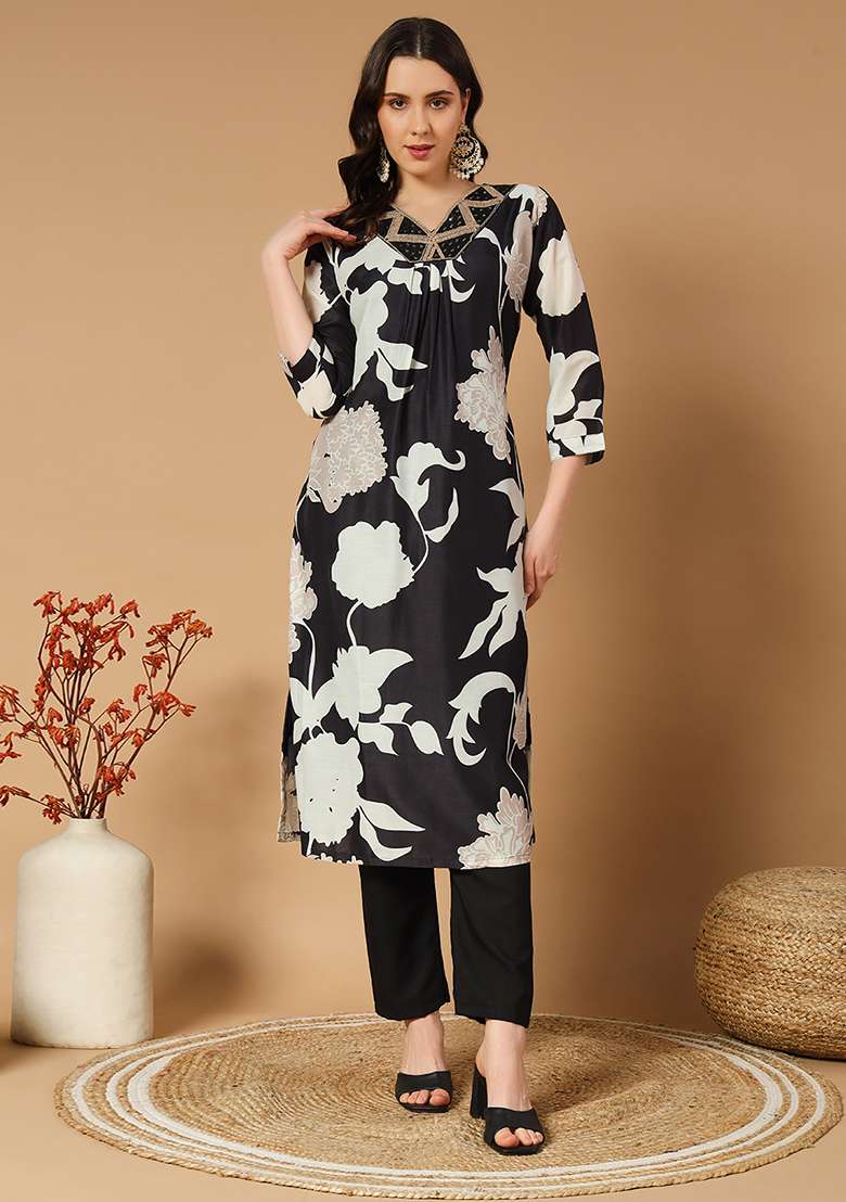 Black Floral Print Muslin Straight Kurta Set - Indya