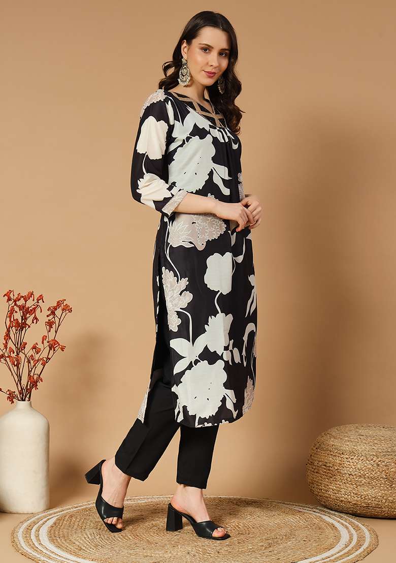Black Floral Print Muslin Straight Kurta Set - Indya