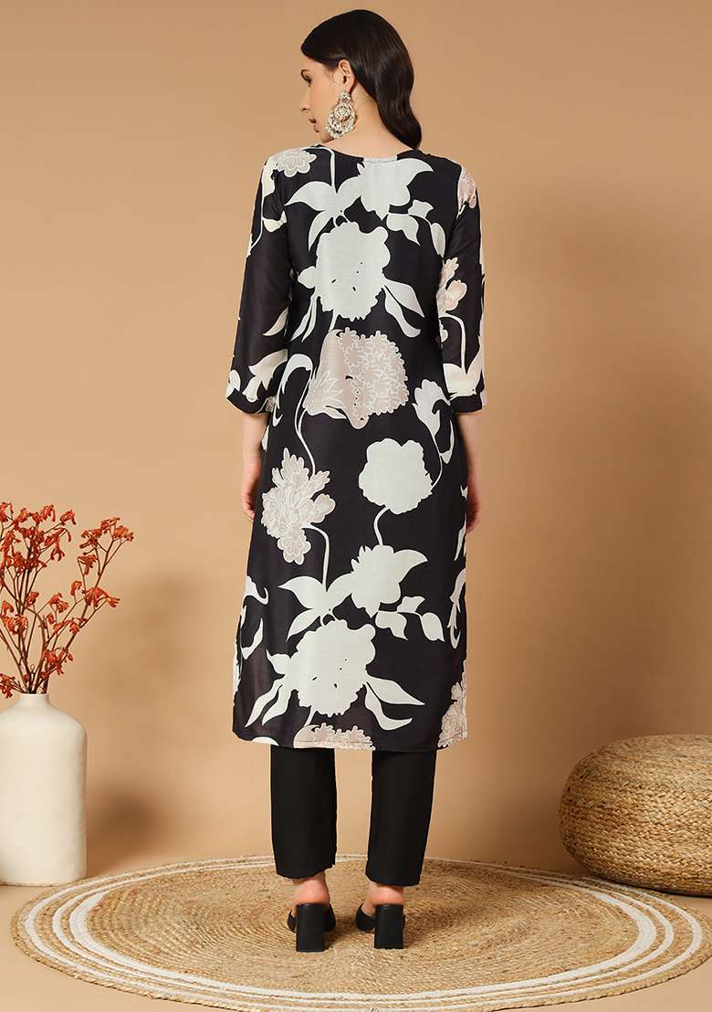 Black Floral Print Muslin Straight Kurta Set - Indya
