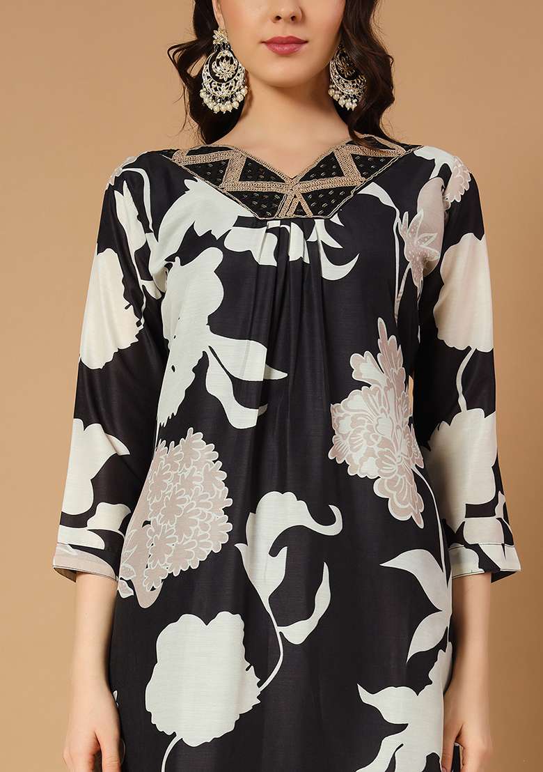Black Floral Print Muslin Straight Kurta Set - Indya