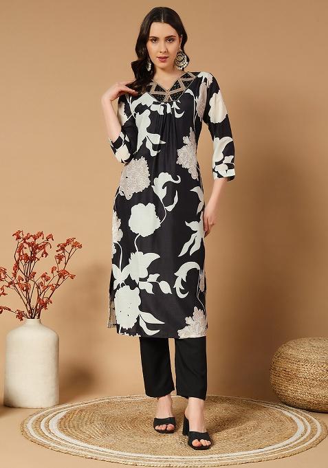 Black Print Muslin Kurta Set