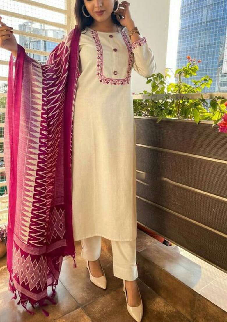 Pink Embroidered Cotton Straight Kurta Set - Indya