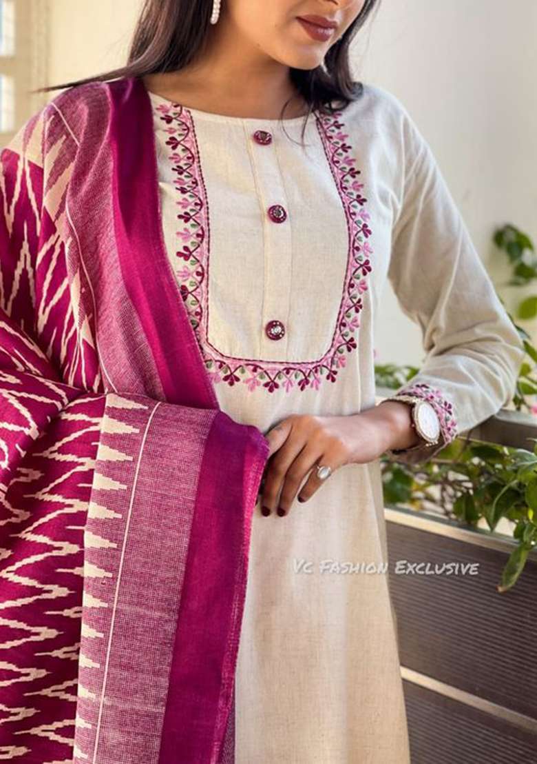 Pink Embroidered Cotton Straight Kurta Set - Indya