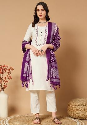 Purple Embroidered Cotton Straight Kurta Set