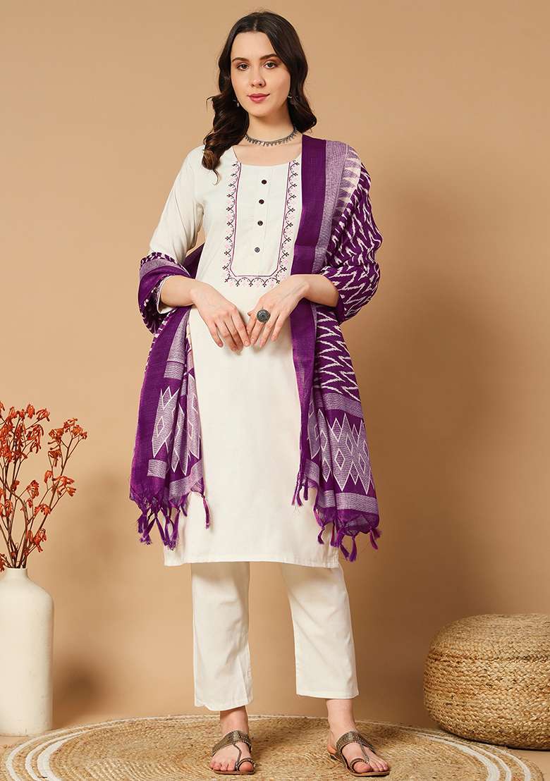 Purple Embroidered Cotton Straight Kurta Set - Indya