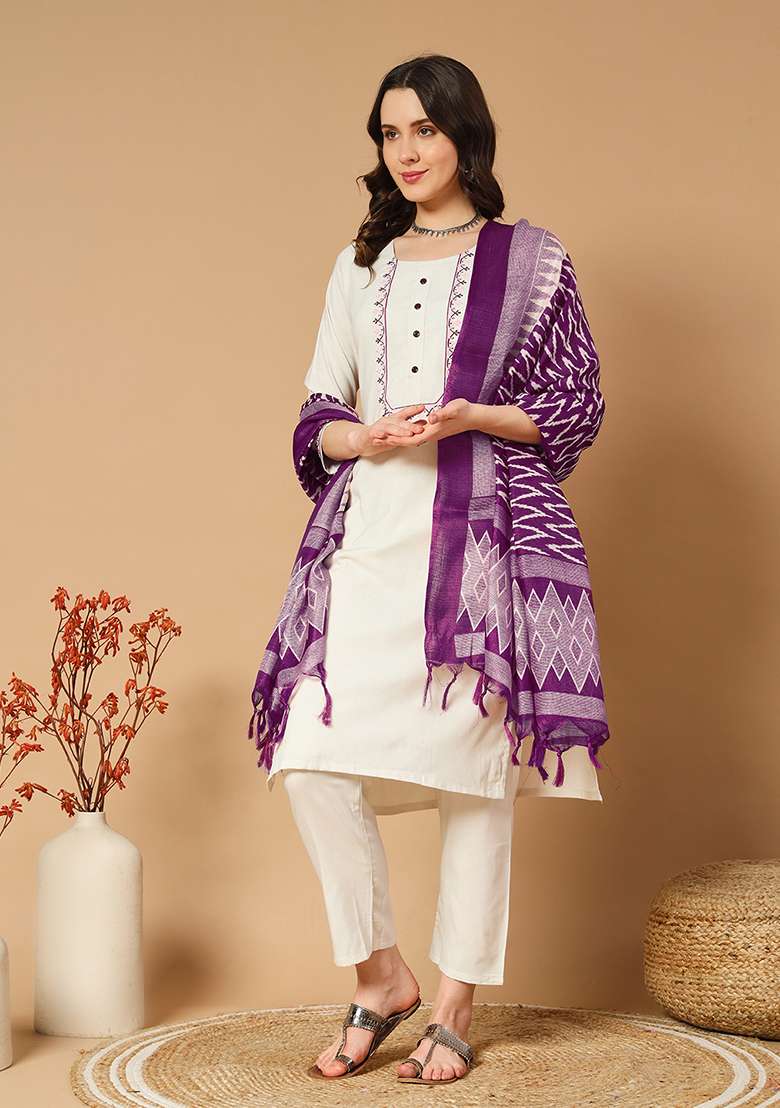 Purple Embroidered Cotton Straight Kurta Set - Indya