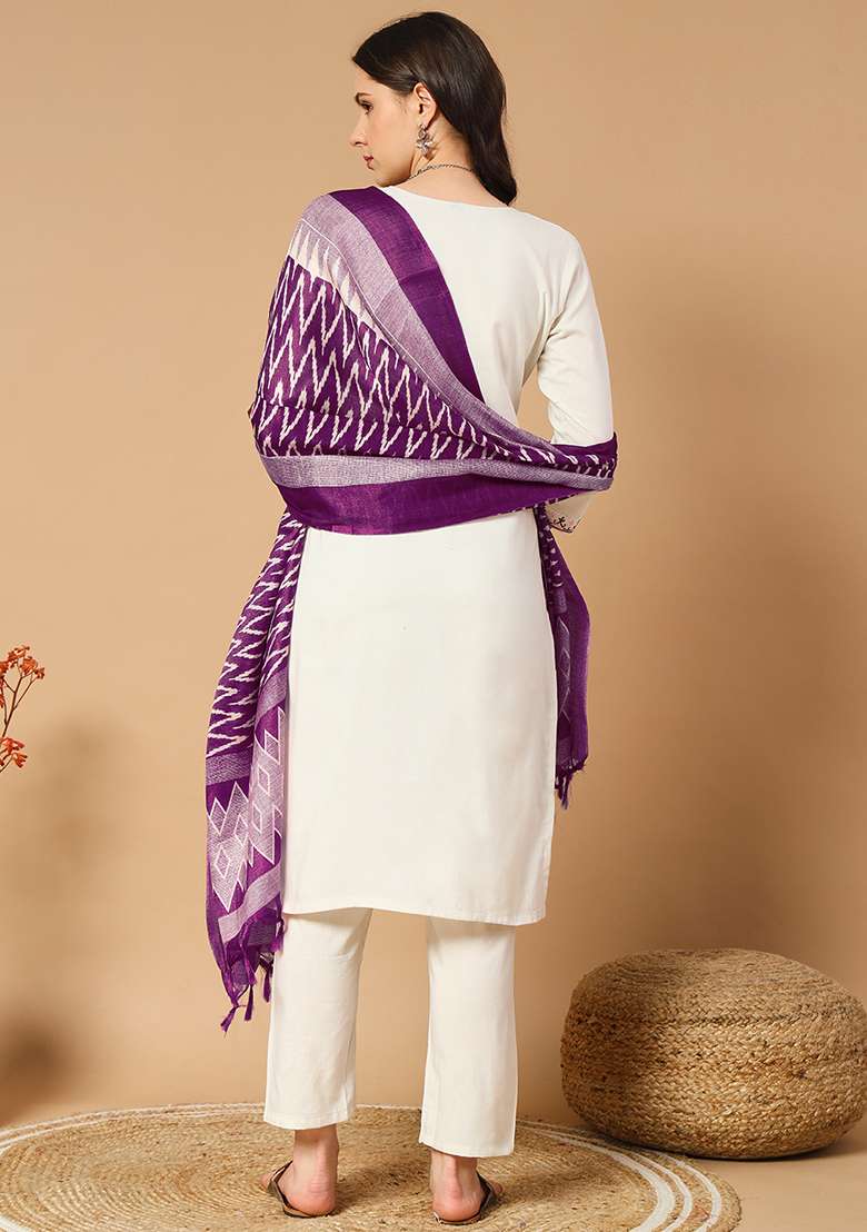 Purple Embroidered Cotton Straight Kurta Set - Indya
