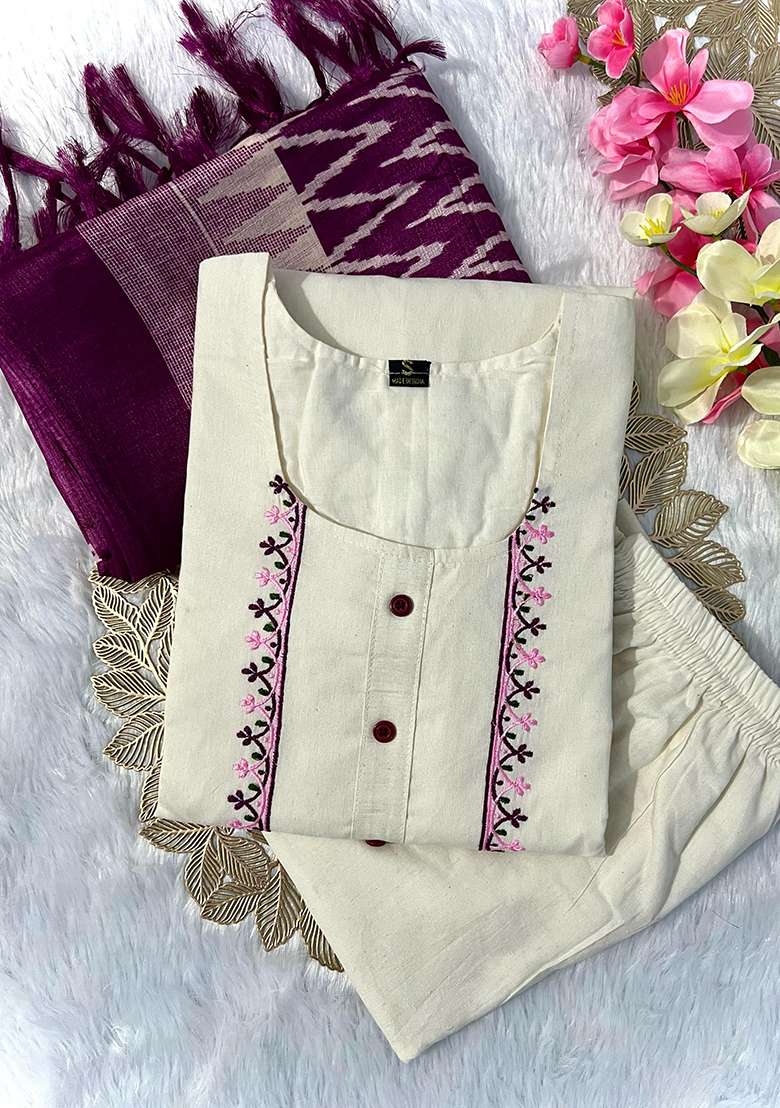 Purple Embroidered Cotton Straight Kurta Set - Indya