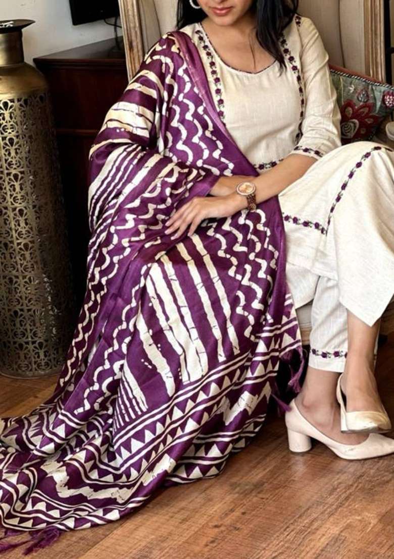 Purple Solid Cotton Straight Kurta Set - Indya