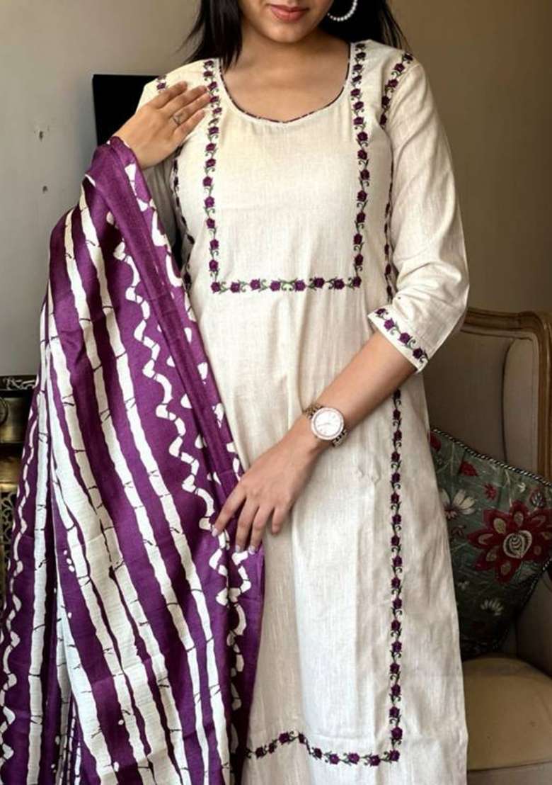 Purple Solid Cotton Straight Kurta Set - Indya