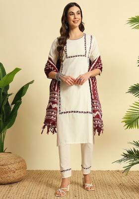 Coffee Printed Cotton Straight Kurta Set