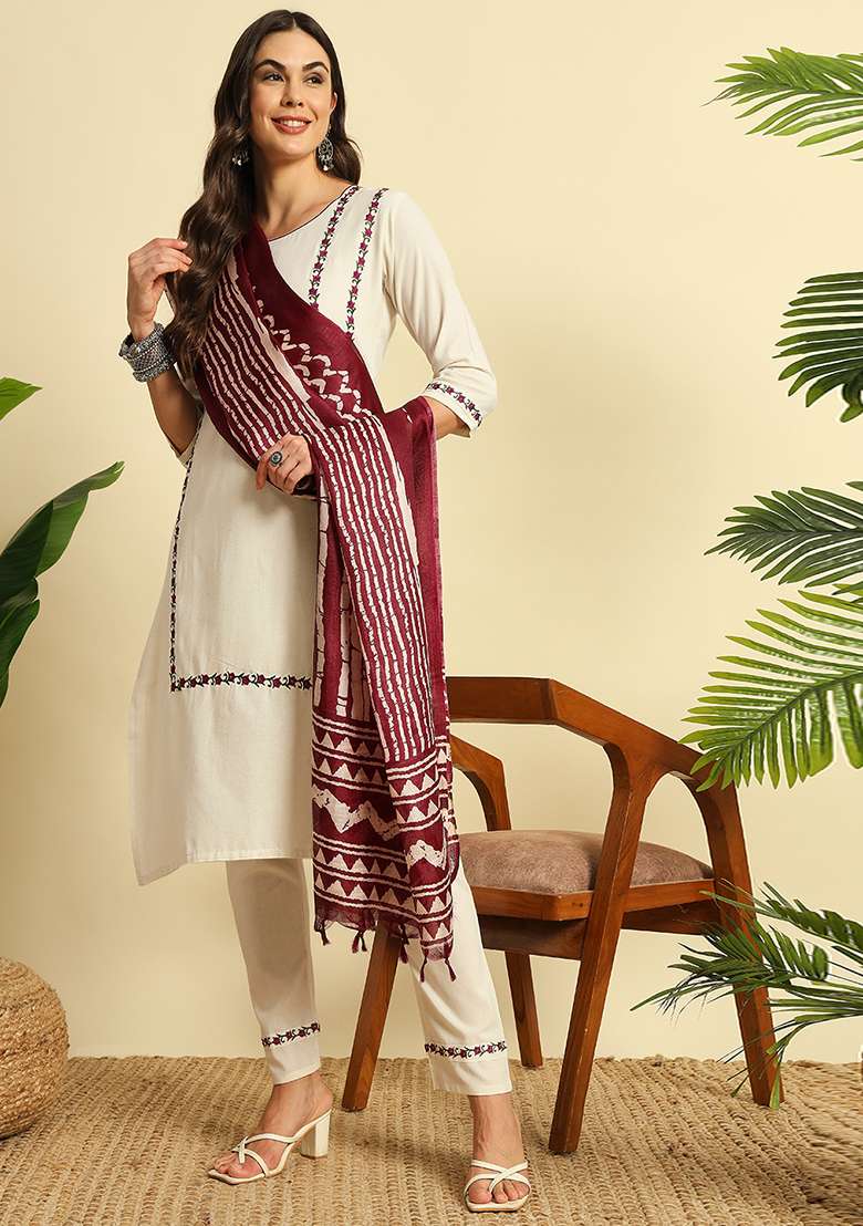 Coffee Printed Cotton Straight Kurta Set - Indya