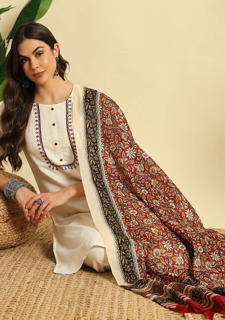 Cream Embroidered Cotton Straight Kurta Set - Indya