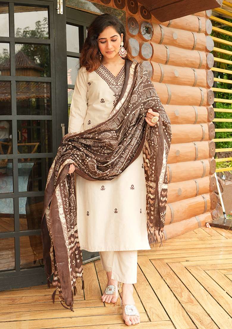 Cream Embroidered Cotton Straight Kurta Set - Indya