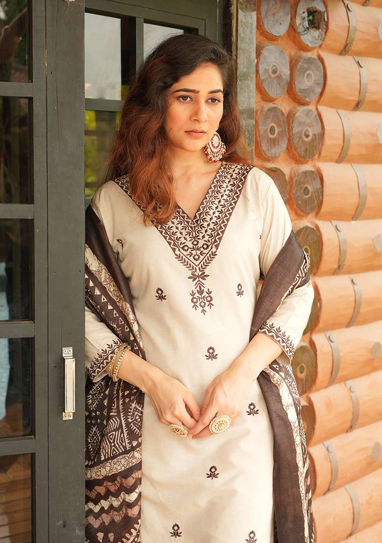 Cream Embroidered Cotton Straight Kurta Set - Indya