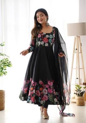 Black Printed Organza Silk Anarkali With Dupatta
