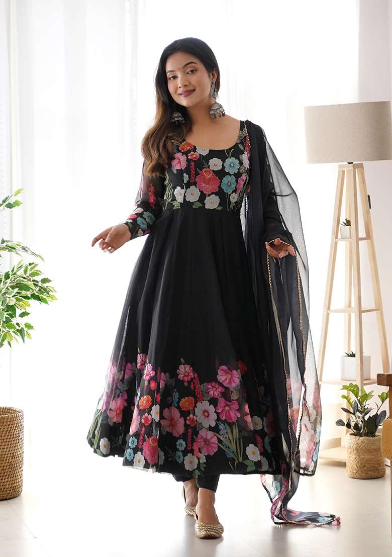 Black Embroidered Organza Anarkali Set - Indya
