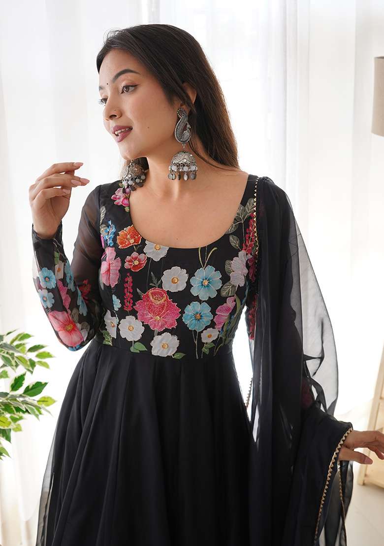 Black Embroidered Organza Anarkali Set - Indya