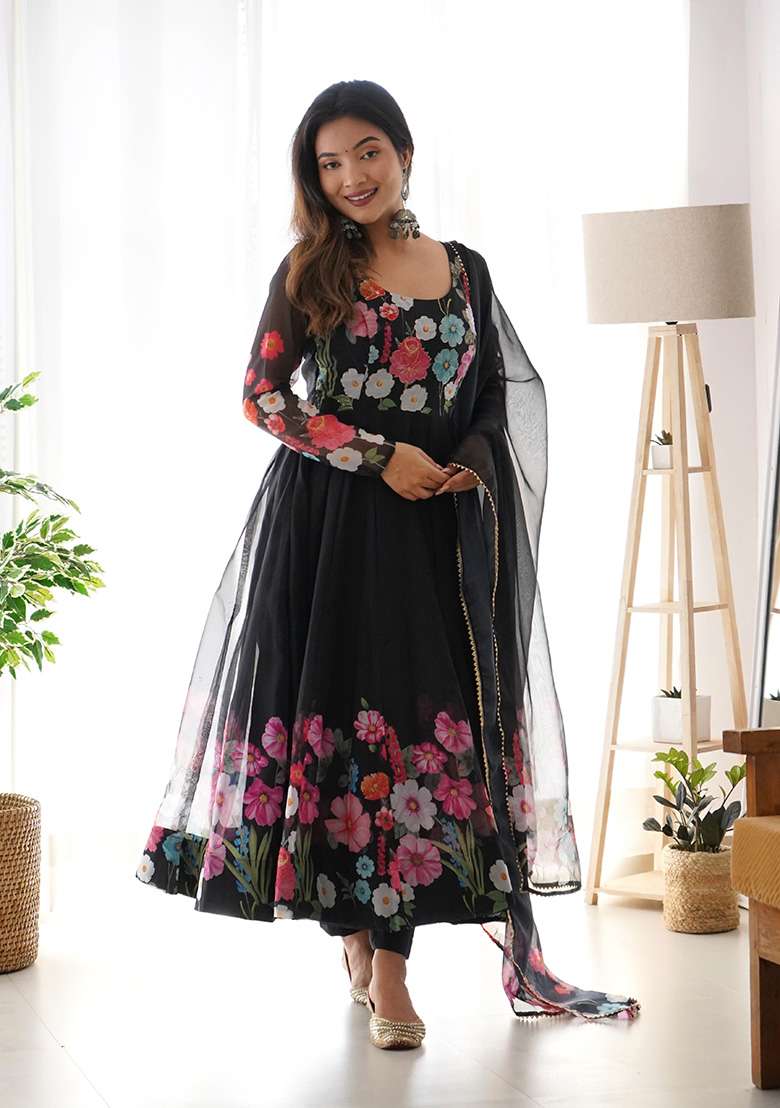 Black Embroidered Organza Anarkali Set - Indya