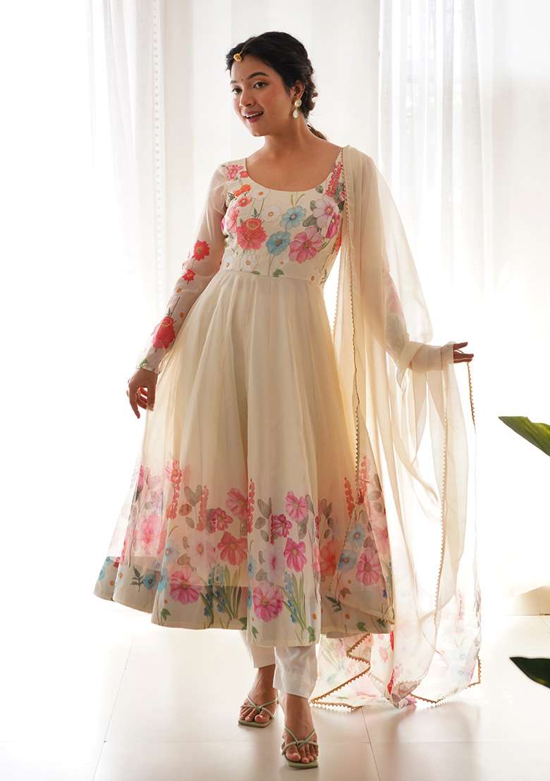 Beige Floral Print Silk Blend Anarkali With Dupatta - Indya